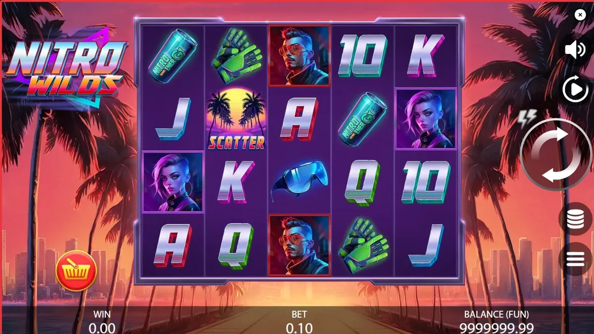 Tampilan visual neon retro dari slot Nitro Wilds dengan elemen balap jalanan.