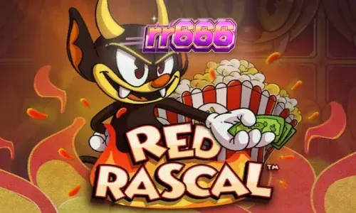 Tampilan visual karakter Red Rascal dalam slot Hacksaw Gaming dengan latar belakang taman hiburan.